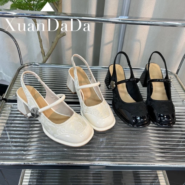 2024年春夏新款后空国风玛丽珍鞋仙女风粗跟一字带高跟鞋 7882-16