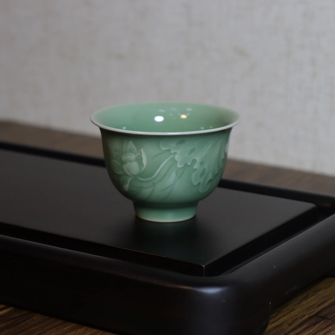 龙泉青瓷梅子青釉客杯青瓷手工作品主人杯品茗杯子容量100毫升杯