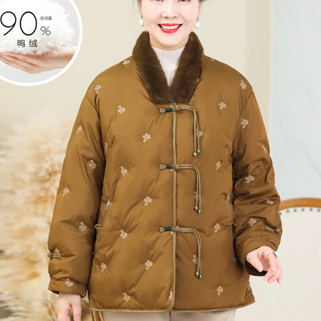 2024秋冬季新款妈妈装加厚绣花羽绒服外套中老年人女装棉袄上衣服