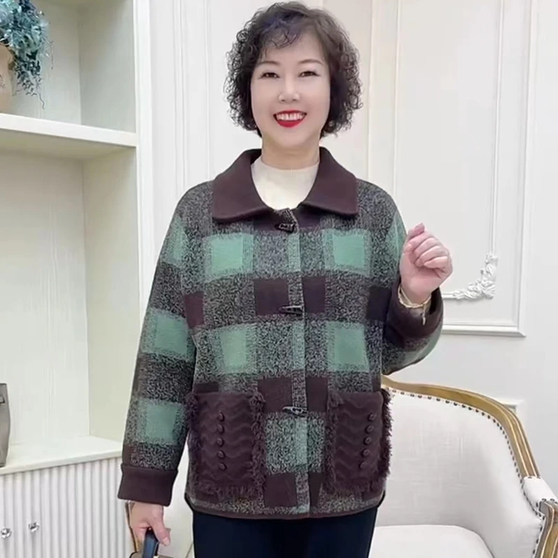 妈妈秋装外套针织提花毛呢大衣格子洋气秋冬上衣50岁中老年女装