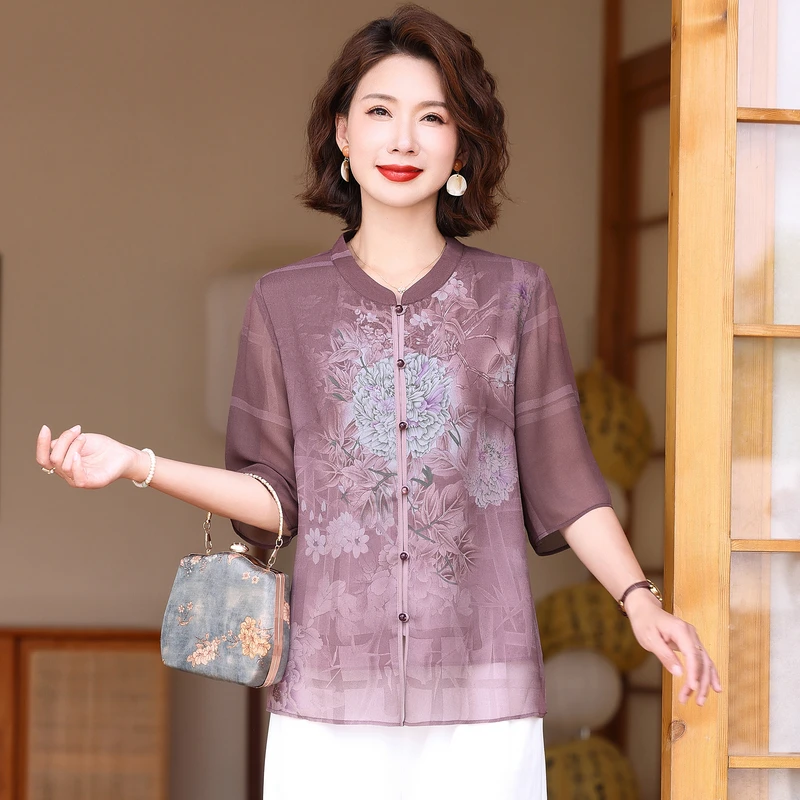 中老年人女妈妈装2024夏季印花T恤衬衫阔太太宽松奶奶装小衫