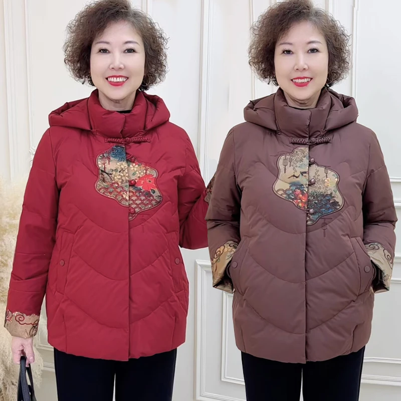 妈妈冬装棉衣加绒加厚保暖外套国风连帽棉袄50岁6078中老年人女装