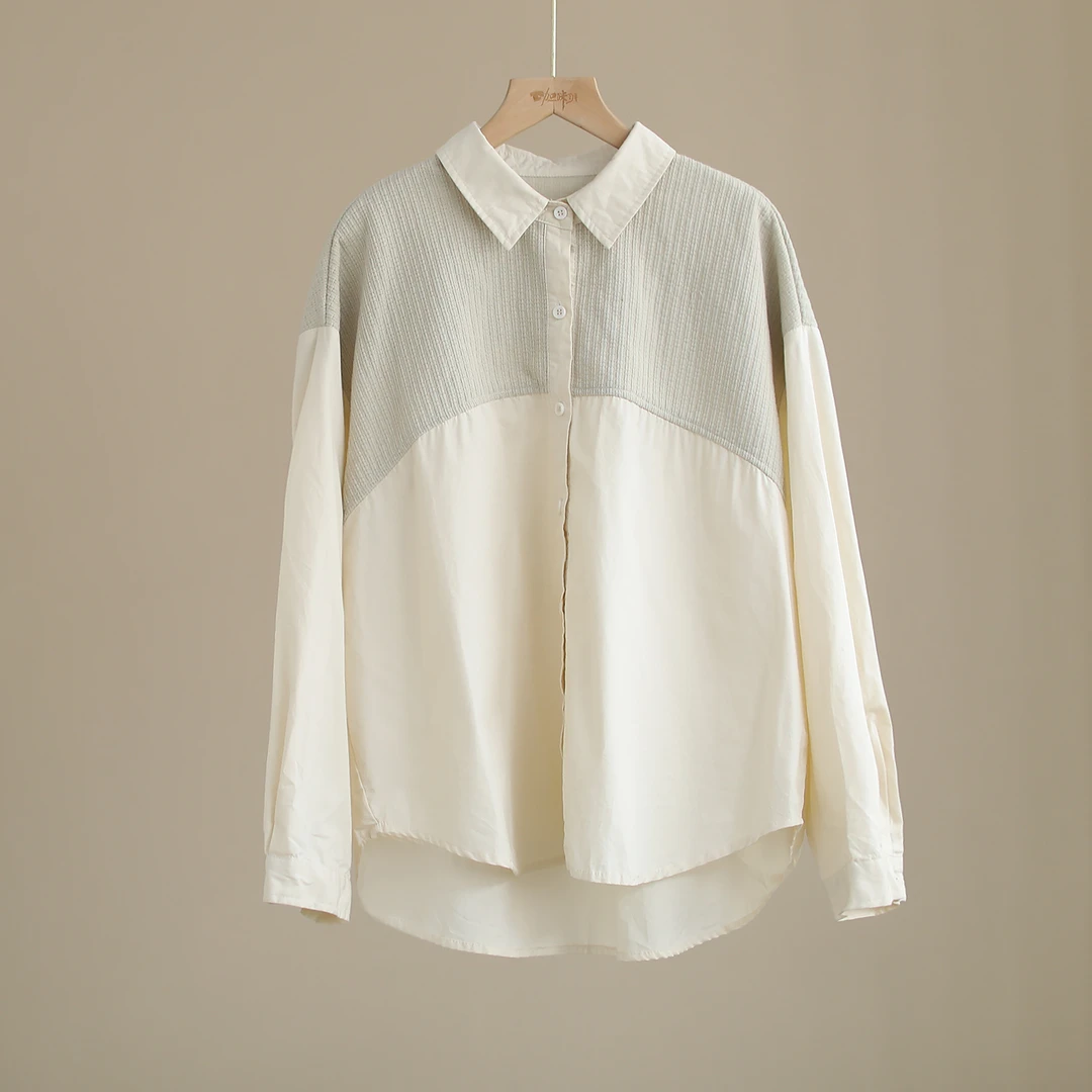 【纭季原创】衣长63 日系设计感拼接衬衫针织百搭宽松上衣D24897