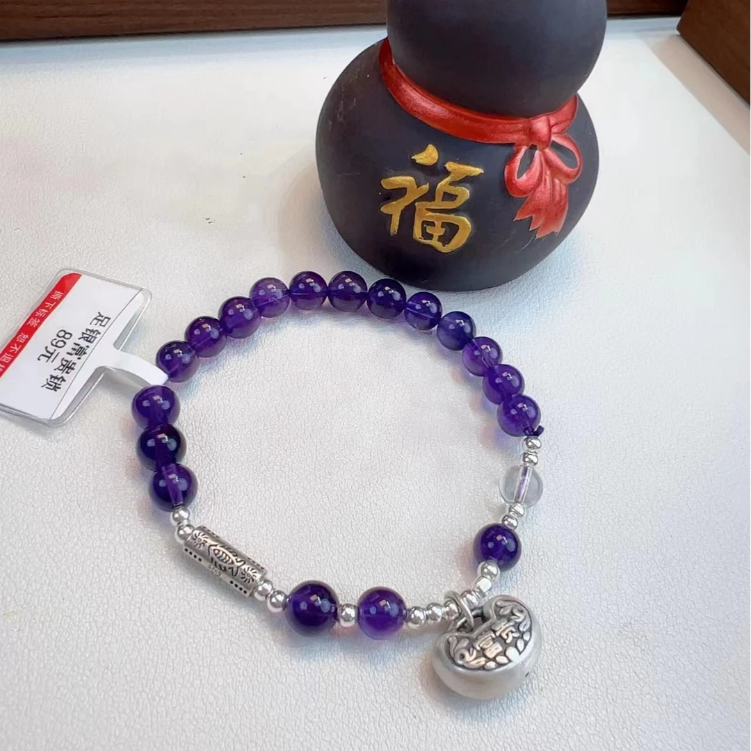 足银手链 1803足银复古富贵长命锁紫色水晶手串手工百搭素圈单圈