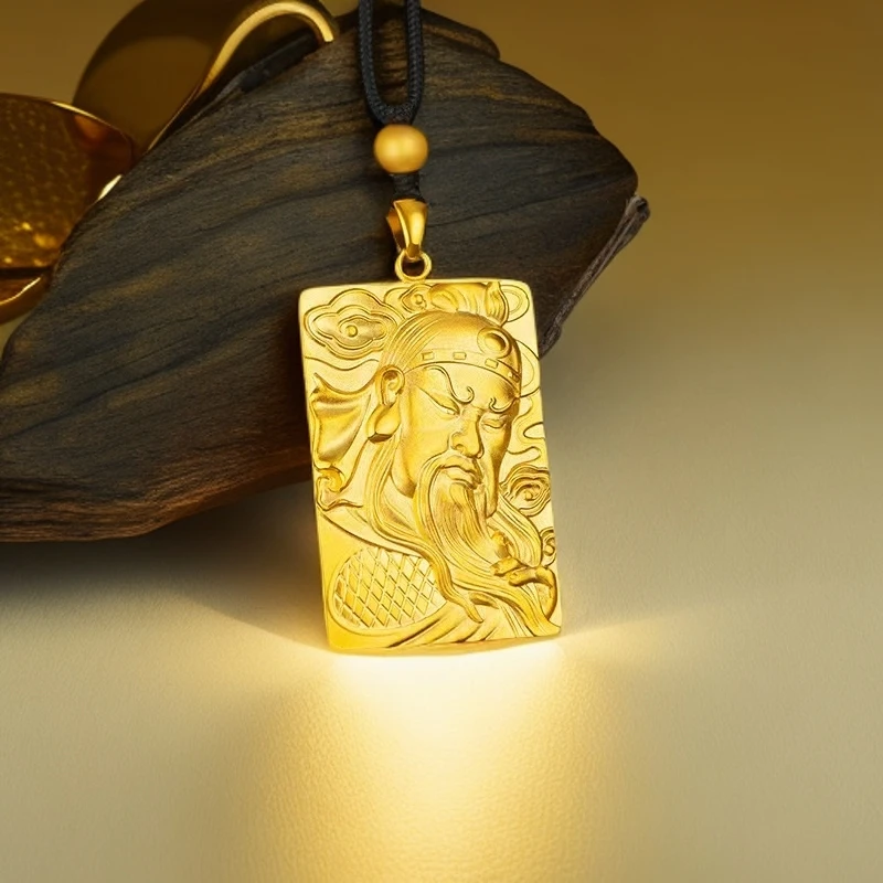 合金吊坠 合金关公吊坠男士饰品实心双面精雕大气项链挂坠金色