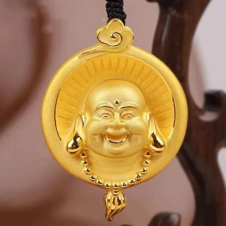 合金吊坠 精美时尚金色吉祥弥勒佛手工双面挂坠项坠素款气质佛公i