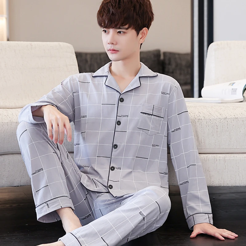 100%男士纯棉睡衣春秋款青中年长袖套装夏天短袖休闲可外穿家居服