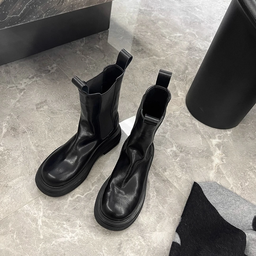 复古圆头厚底英伦风切尔西靴靴短靴女倒靴中筒褶皱烟筒靴马丁靴