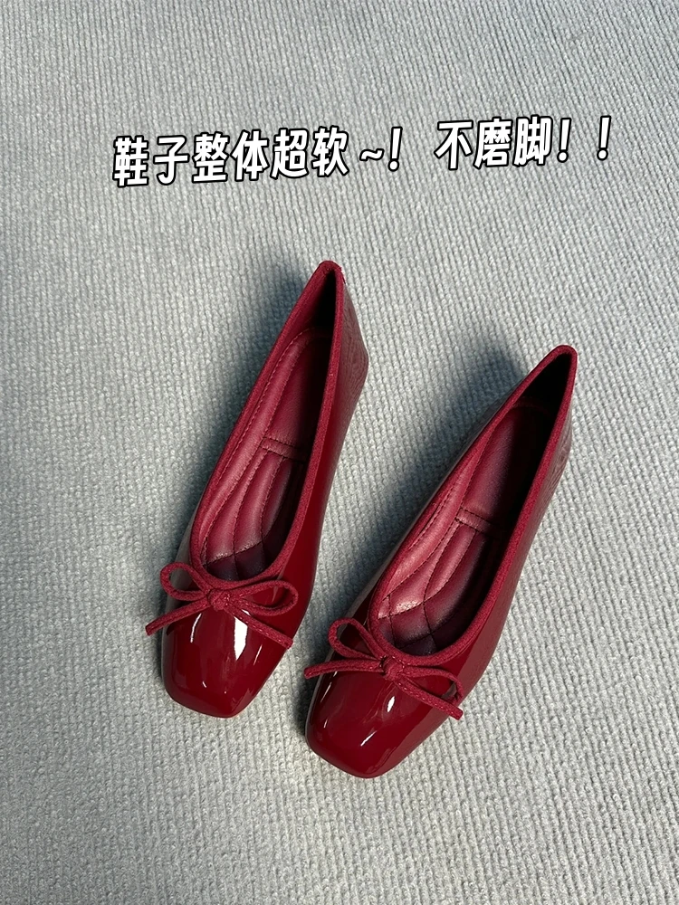 内增高4cm~酒红色蝴蝶结单鞋女春夏款显白方头通勤ol平底玛丽珍鞋