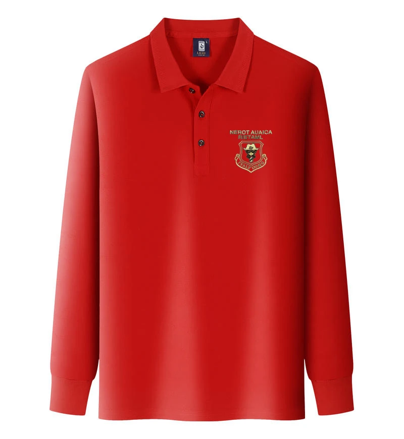 春秋季翻领Polo衫男士休闲宽松潮流长袖T恤大码长袖红色上衣男款