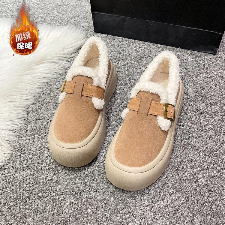 2024新款厚底勃肯一脚蹬乐福鞋加绒加厚保暖雪地棉