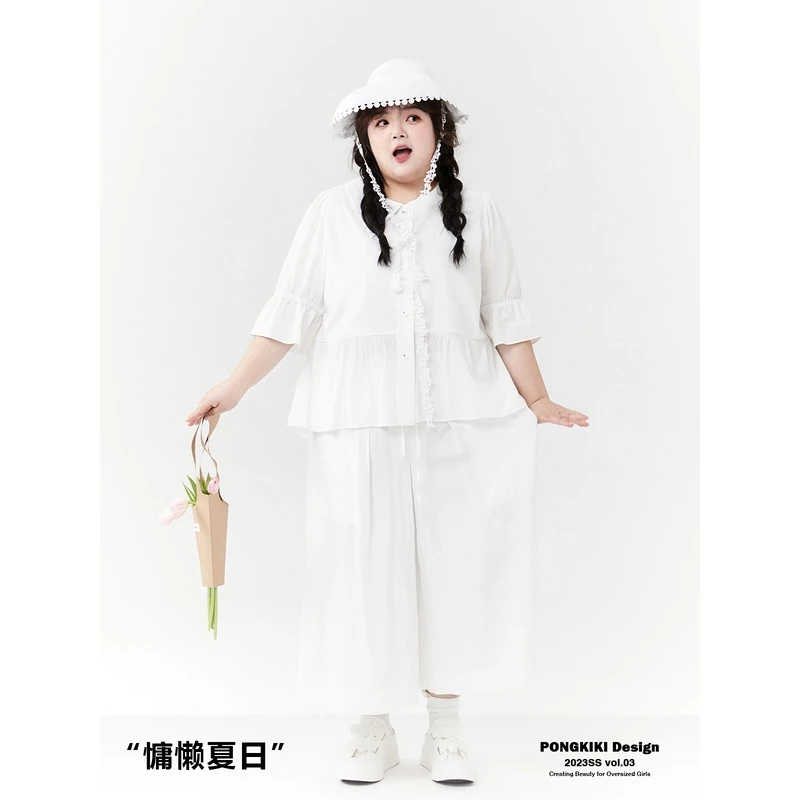 老章和小胖PONGKIKI大码白色裙裤女夏季新款胖mm松紧腰休闲长裤