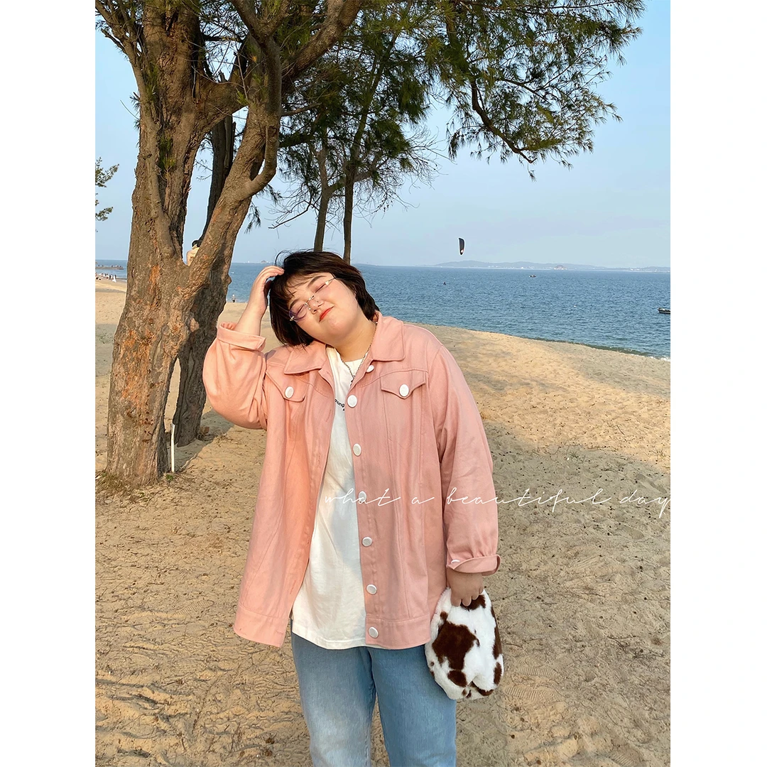 老章和小胖大码短外套2023年秋季女胖mm宽松大版粉色牛仔棉外套