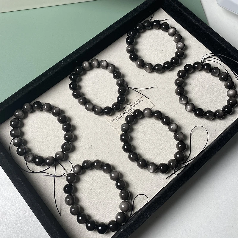 天然银曜石手链男女同款情侣款水晶高品级黑曜石金曜石鹰眼石手串