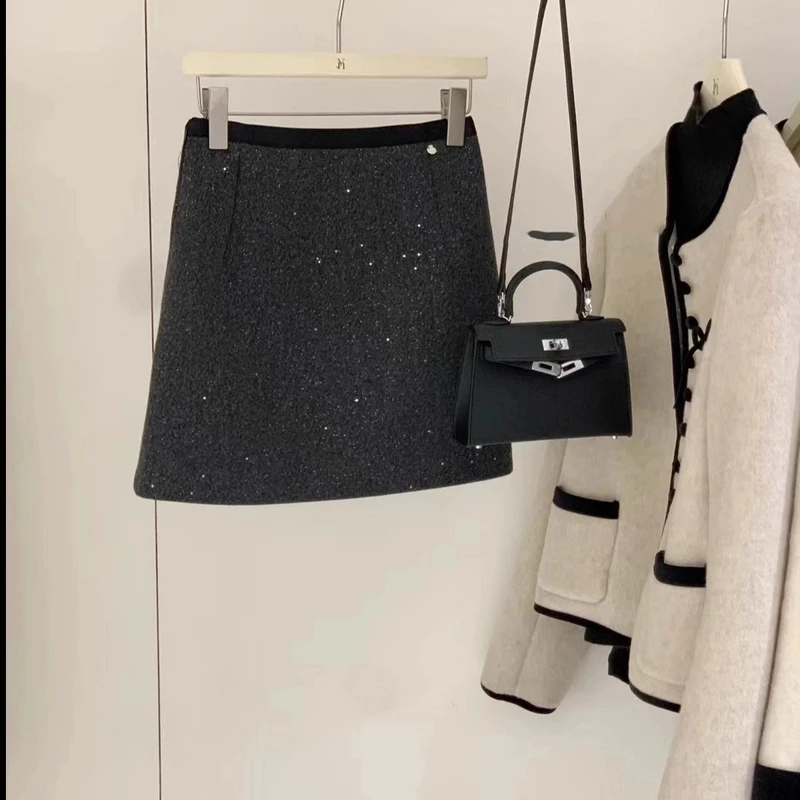 【冬日繁星】韩系高级感精致闪闪A字裙毛呢显瘦包臀裙气质半身裙