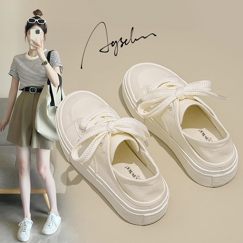 奥古狮登小白鞋女2024新款厚底百搭一脚蹬帆布鞋白色运动半拖板鞋