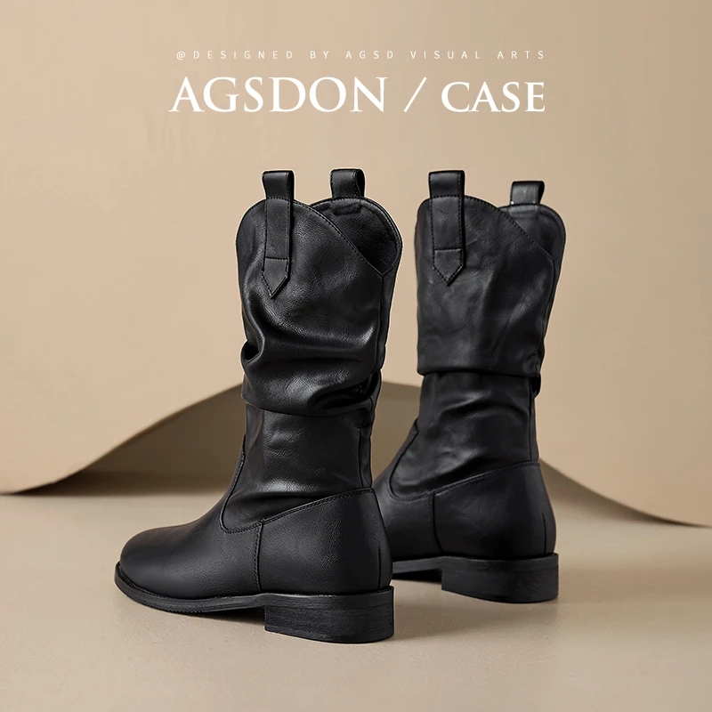 奥古狮登褶皱堆堆靴女2024新款秋冬美拉德西部骑士靴高跟中筒短靴