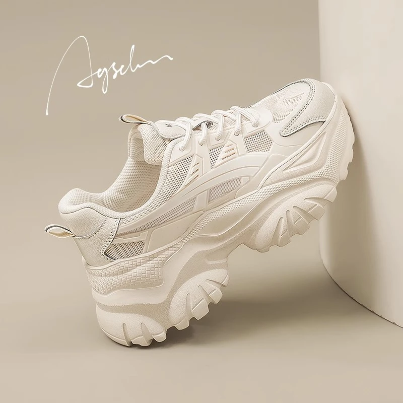 奥古狮登厚底老爹鞋女2024新款网面小白运动鞋增高显脚小爆款女鞋