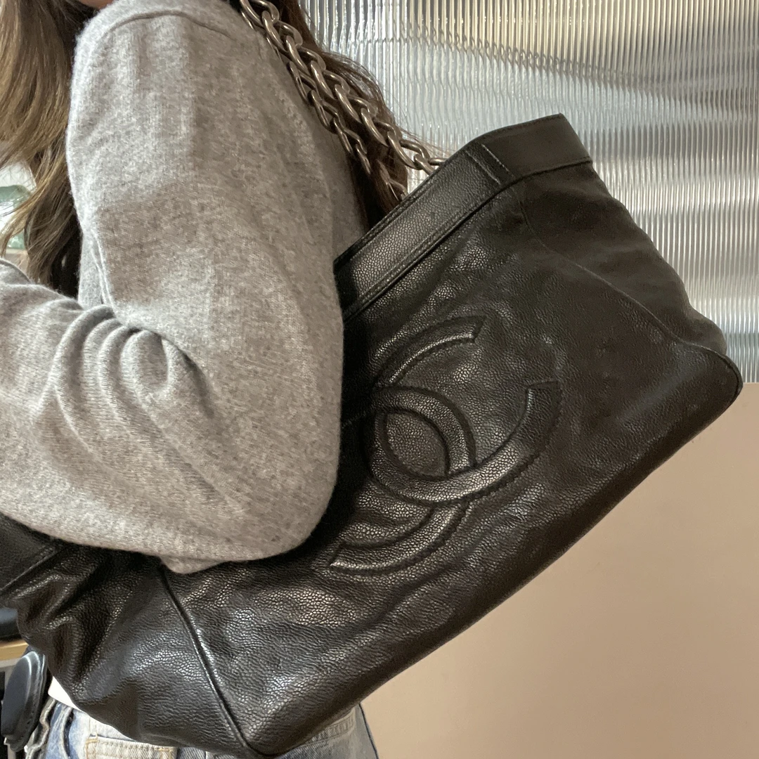 95新 Chanel/香奈儿 黑色牛皮单肩托特包