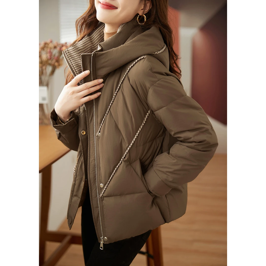 沫晗依美气质宽松千鸟格拼接短款棉衣24冬季连帽小众保暖棉衣女款