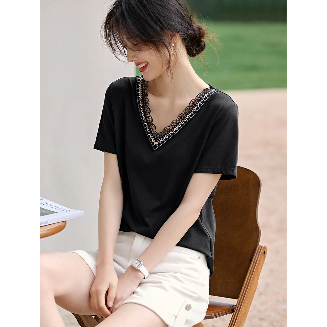 XWI/欣未2025夏刺绣花边T恤知性优雅刺绣蕾丝花边短袖女上衣15903