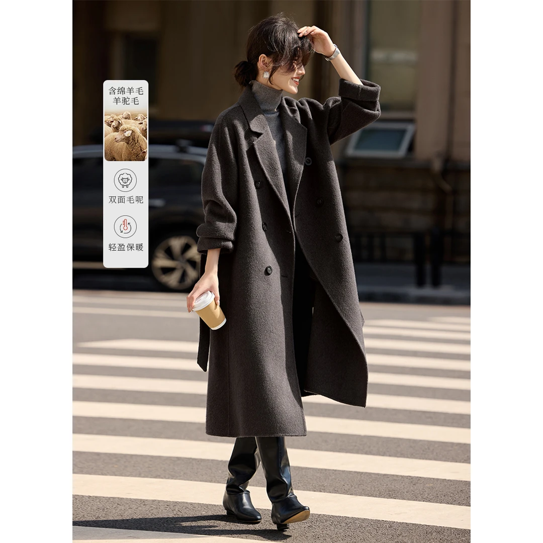XWI/欣未长款系带手工双面绵羊毛大衣25春冬季新款毛呢大衣外套女
