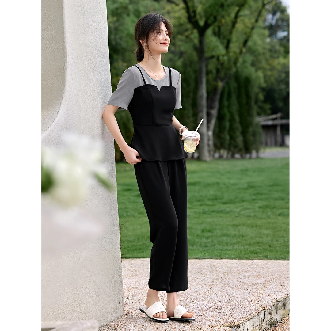 XWI/欣未25夏撞色上衣+锥形裤两件套优雅通勤气质拼接套装22902