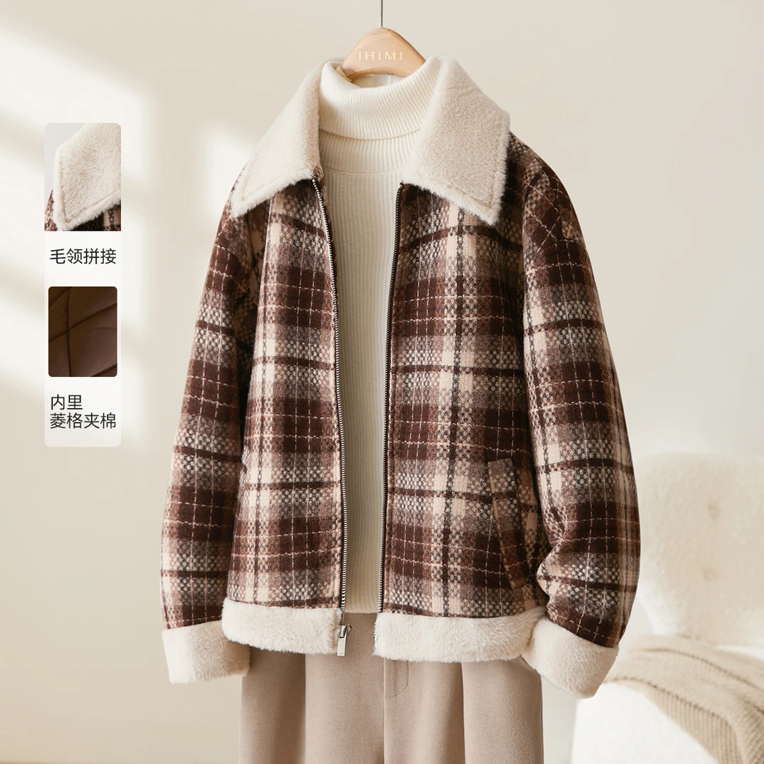 IHIMI/海谧格纹棉服复古外套2024冬款毛领拼接宽松休闲夹棉外套女