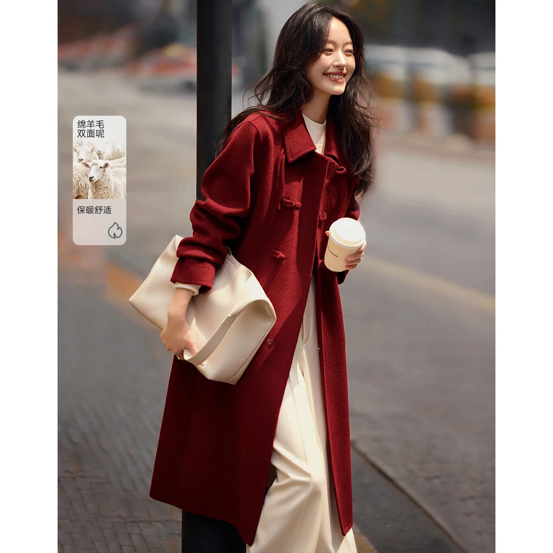 沫晗依美小翻领国风呢大衣2024冬季新款气质长款手工双面呢
