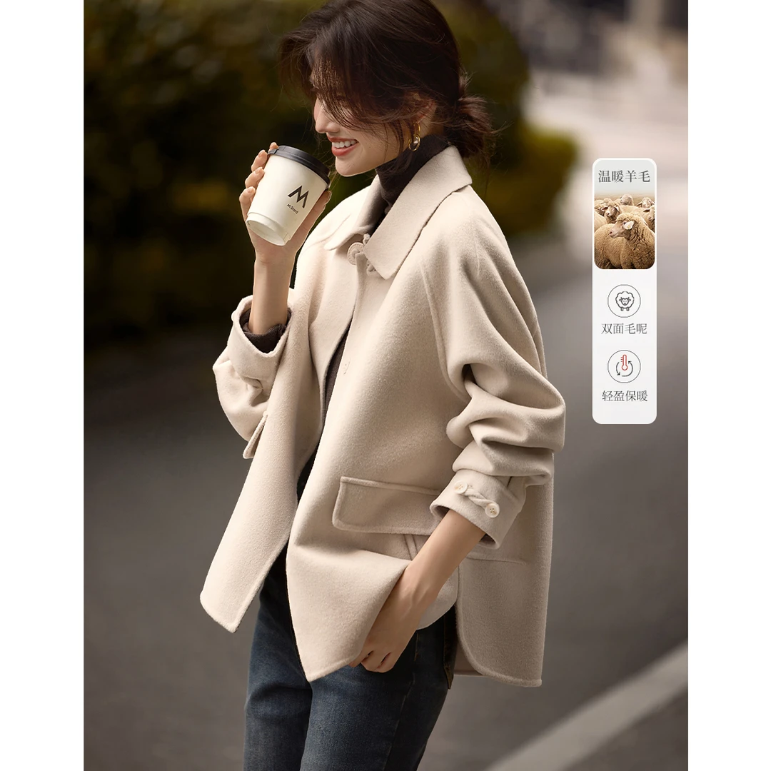 XWI/欣未25年秋冬新款毛呢大衣新中式翻领插肩袖手工双面气质外套