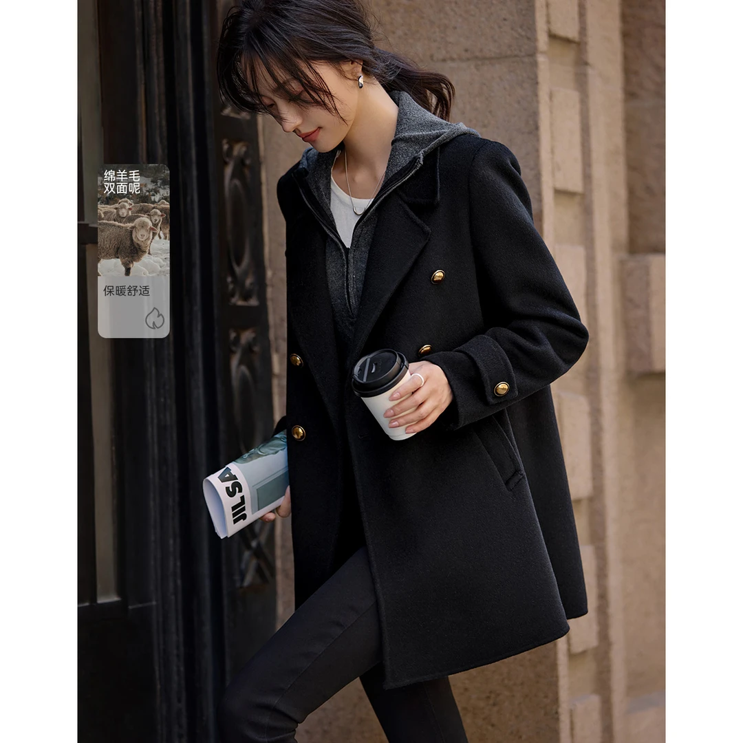 沫晗依美西装领毛呢大衣2024冬季新款时尚复古手工双面呢大衣女