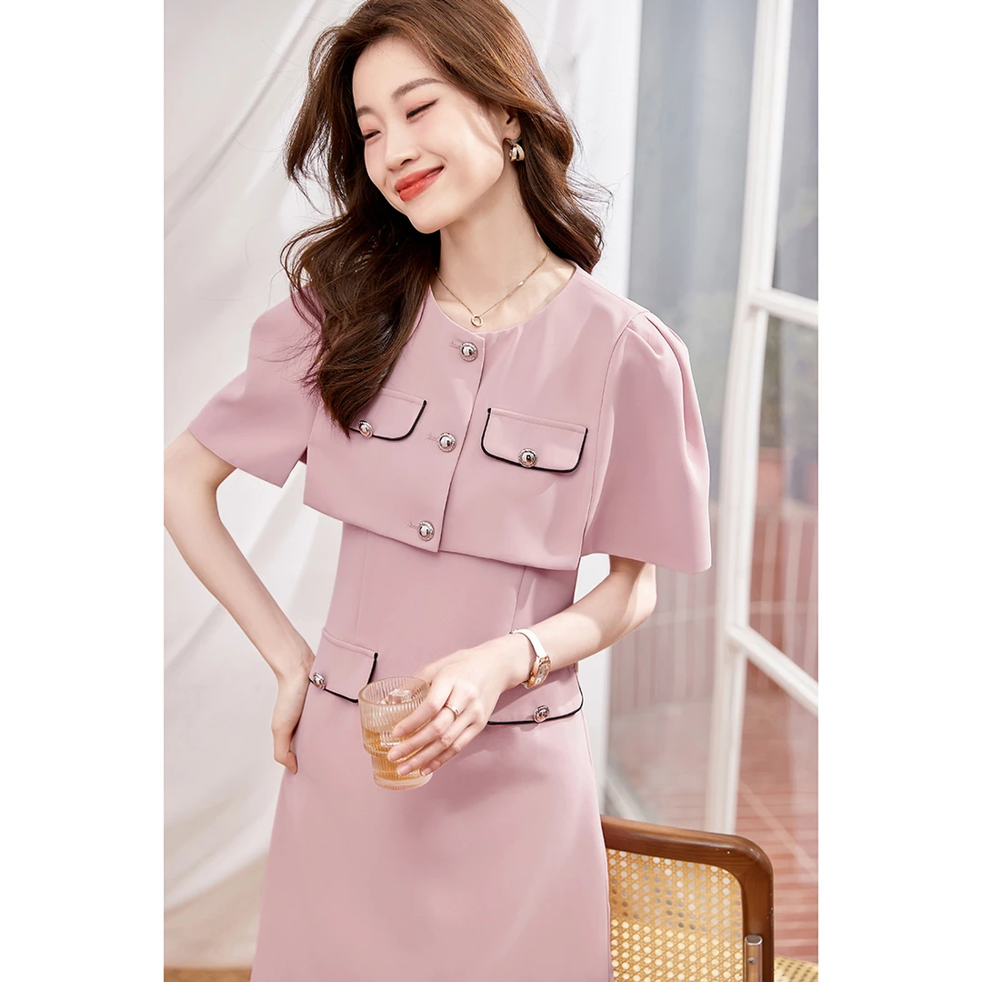 沫晗依美2025设计感精致边缘装饰短袖裙套通勤西装连衣裙03413