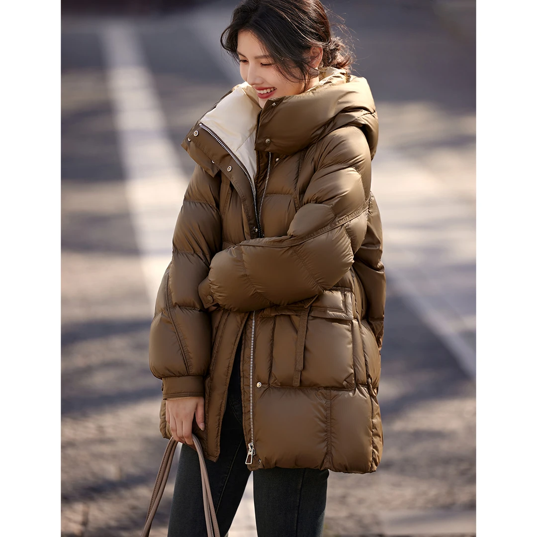 XWI/欣未休闲撞色中长款羽绒服24年冬蓬松泡芙感加厚保暖羽绒外套