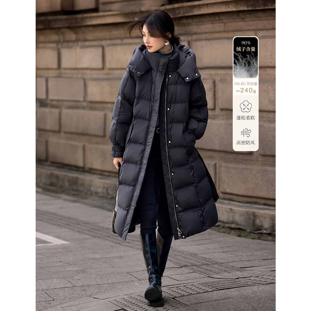 XWI/欣未气质优雅长款羽绒服24年冬季新款可拆卸立领连帽羽绒服