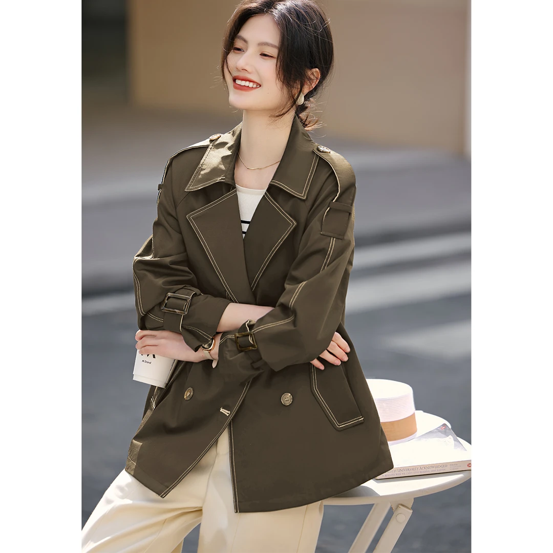 XWI/欣未简约撞色长袖女式风衣春时尚翻领舒适保暖通勤外套01374