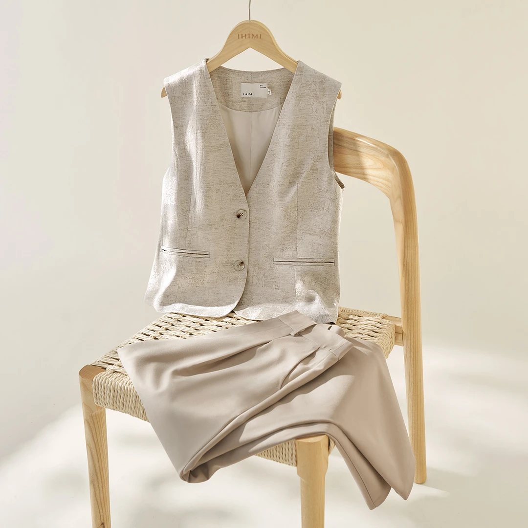 IHIMI/海谧含亚麻肌理马甲+直筒裤25夏简约气质时尚两件套女09153