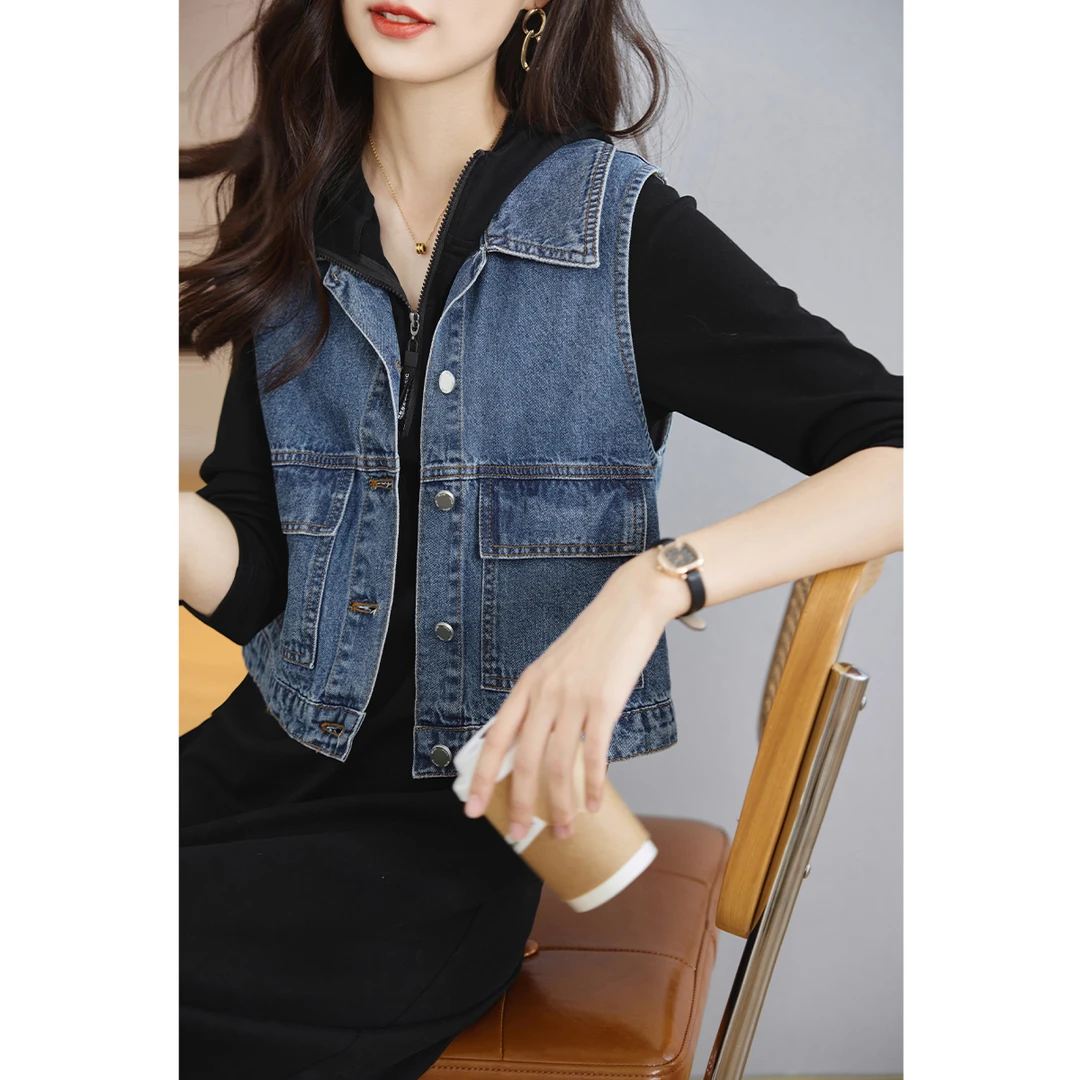 沫晗依美2025春秋新款简约马夹百搭宽松女连衣裙休闲牛仔裙套装女