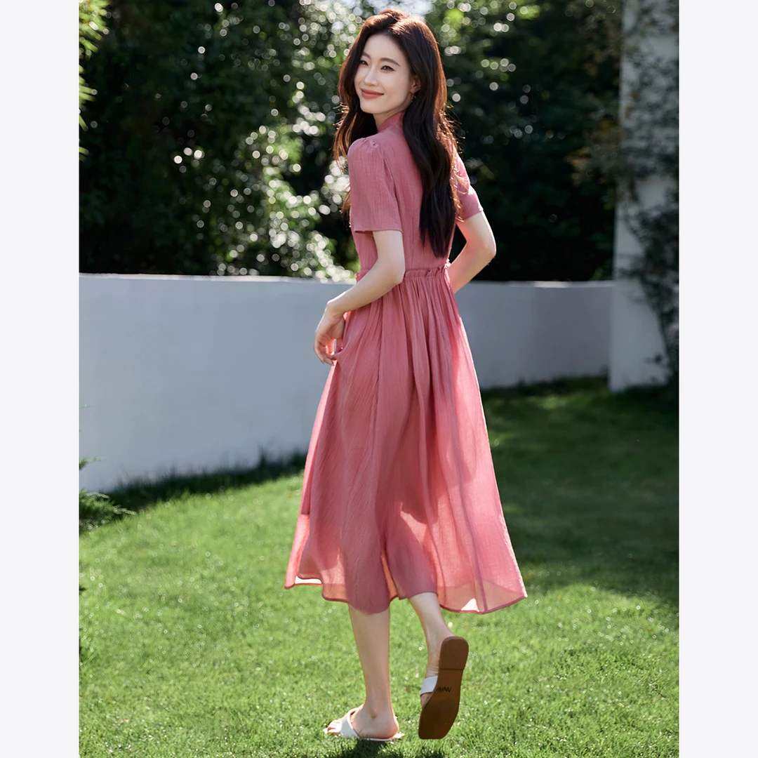 沫晗依美2025夏新中式泡泡袖收腰显瘦肌理感长裙气质连衣裙23023