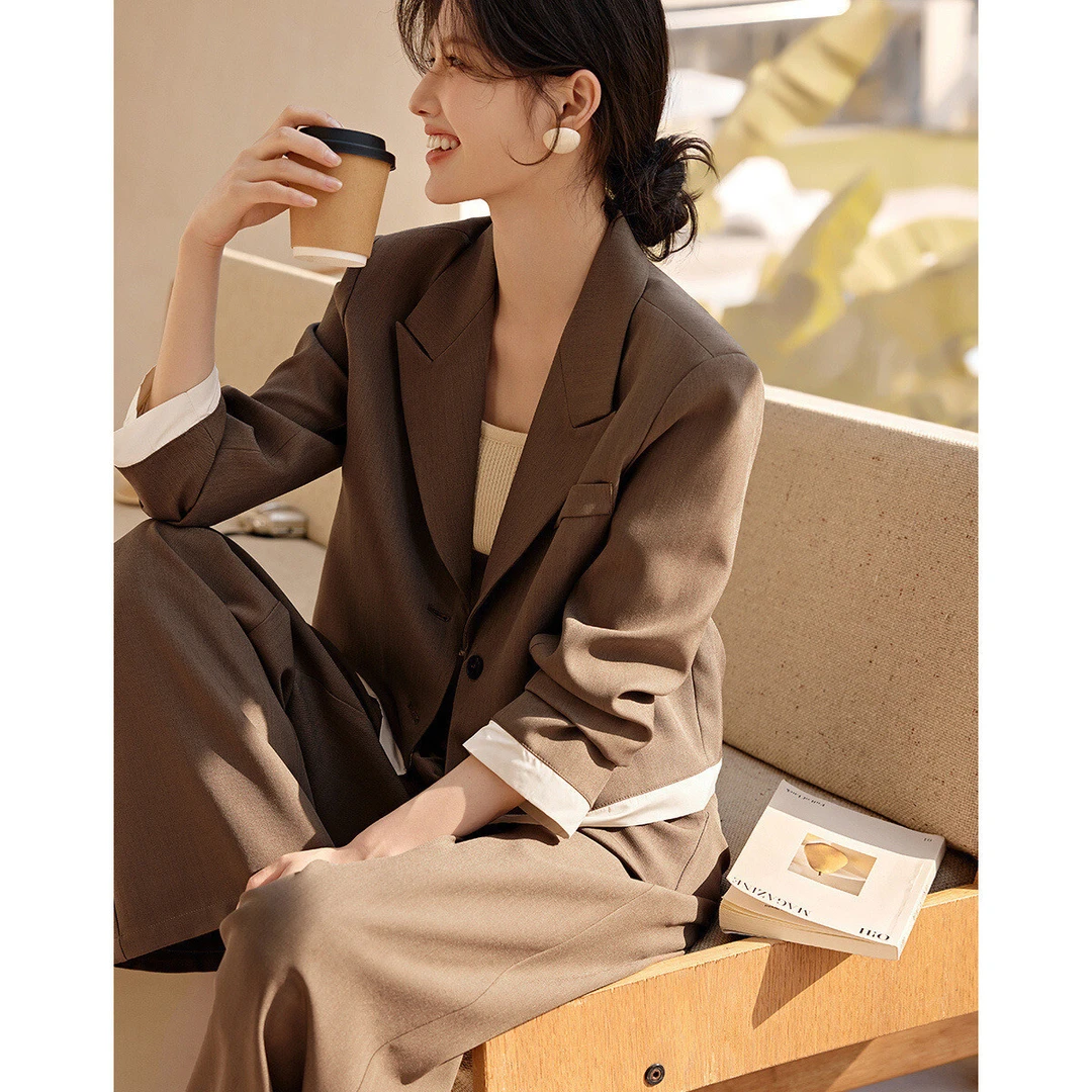 XWI/欣未简约通勤风撞色拼接西服套装2025春季女装气质西装两件套