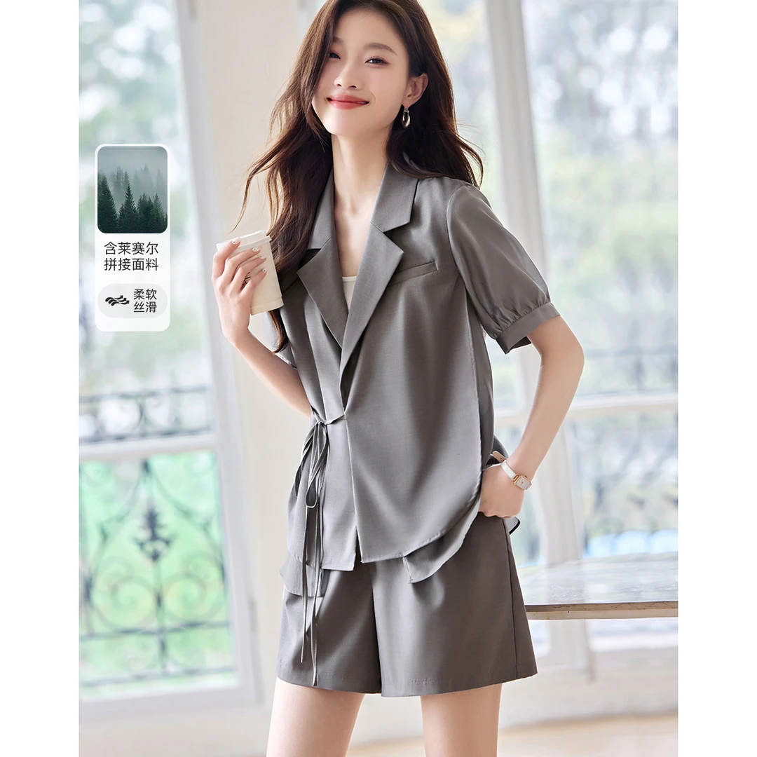 沫晗依美2025夏高腰短裤夏季宽松薄款套装高级感拼接两件套15842