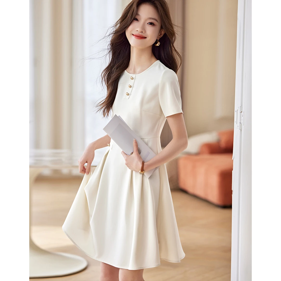 沫晗依美2025夏连衣裙气质优雅知性收腰利落剪裁掐褶A字裙23903