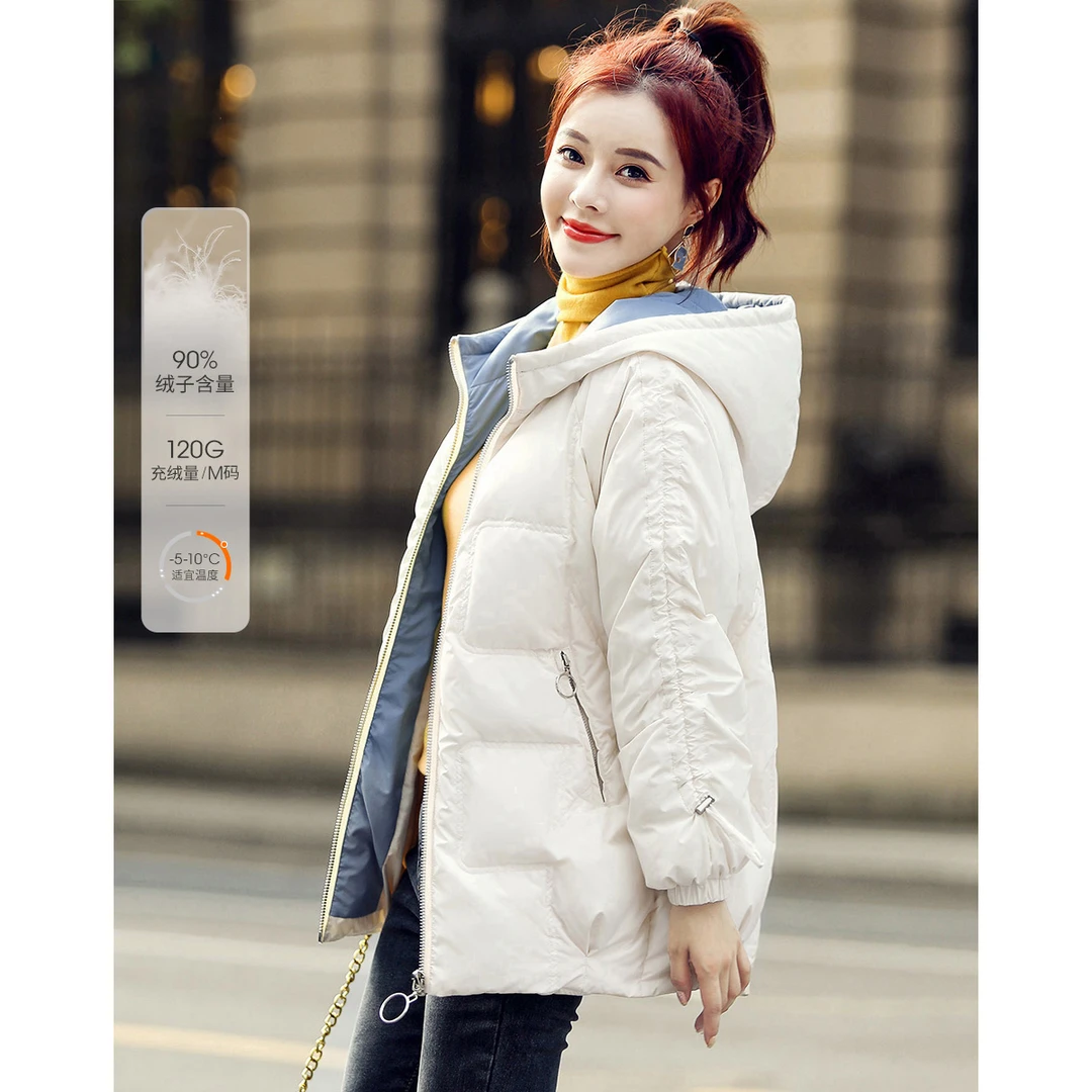 沫晗依美24冬新款纯色短款保暖女时尚百搭休闲拉链好看连帽羽绒服