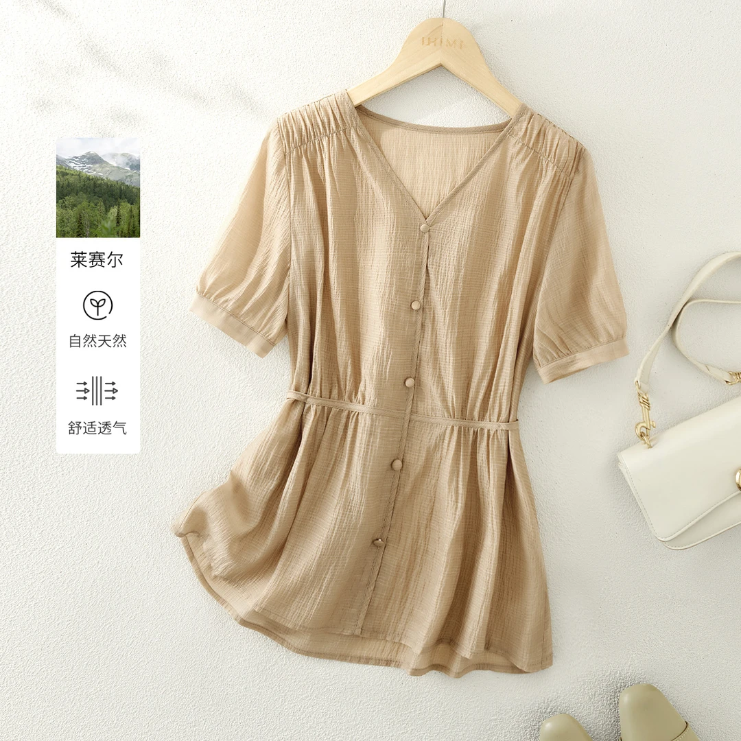 IHIMI/海谧2025夏简约休闲时尚天丝收腰显瘦百搭V领短袖衬衫女