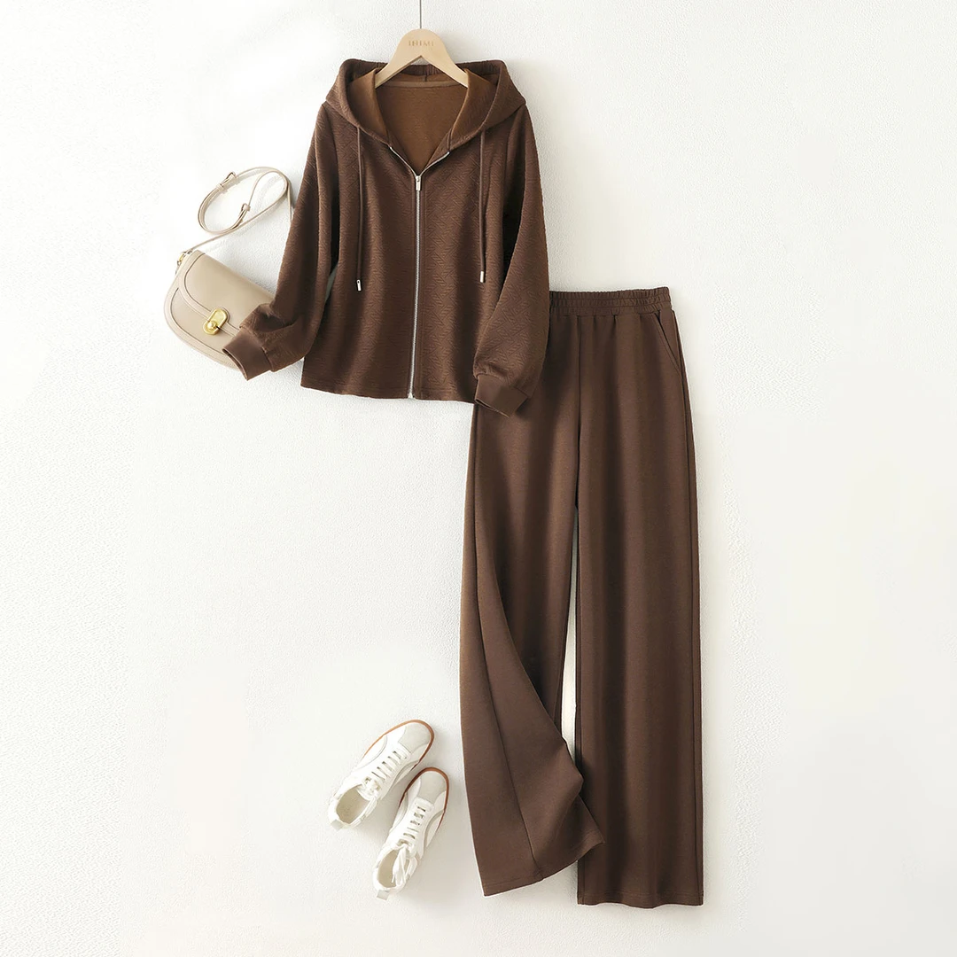 IHIMI/海谧【棕系旅人】休闲秋连帽抽绳收腰时尚简约套装17493
