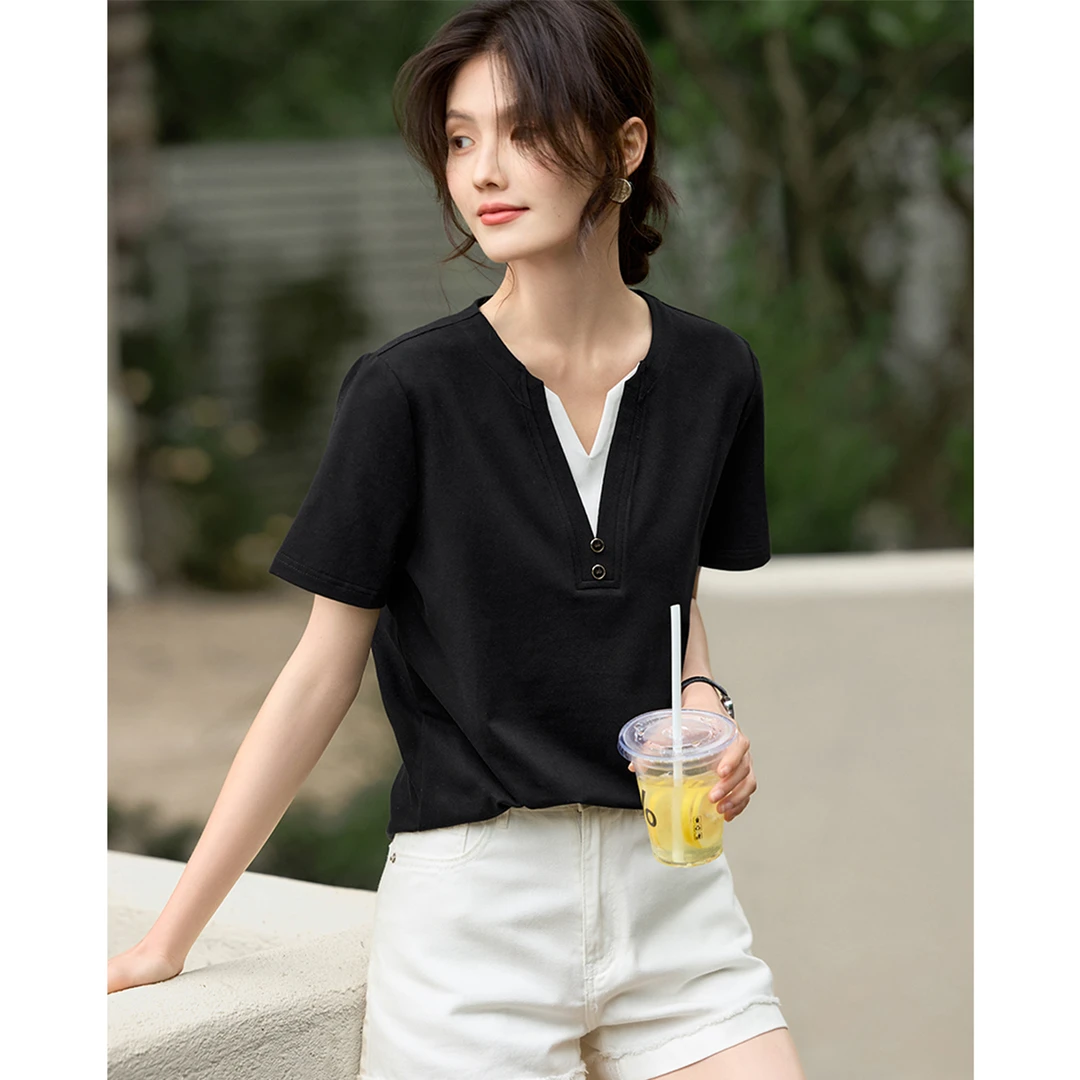 XWI/欣未2025夏季小V领拼色气质大方设计感显瘦时尚T恤06902