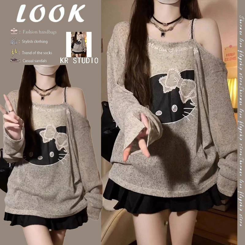 美式复古kitty猫露肩罩衫薄纱T恤女夏季慵懒风防紫外线上衣潮