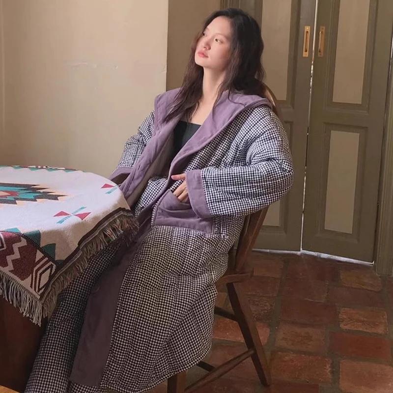 族玛士睡衣秋冬季夹棉袄加绒加厚保暖格子长款睡袍家居服套装