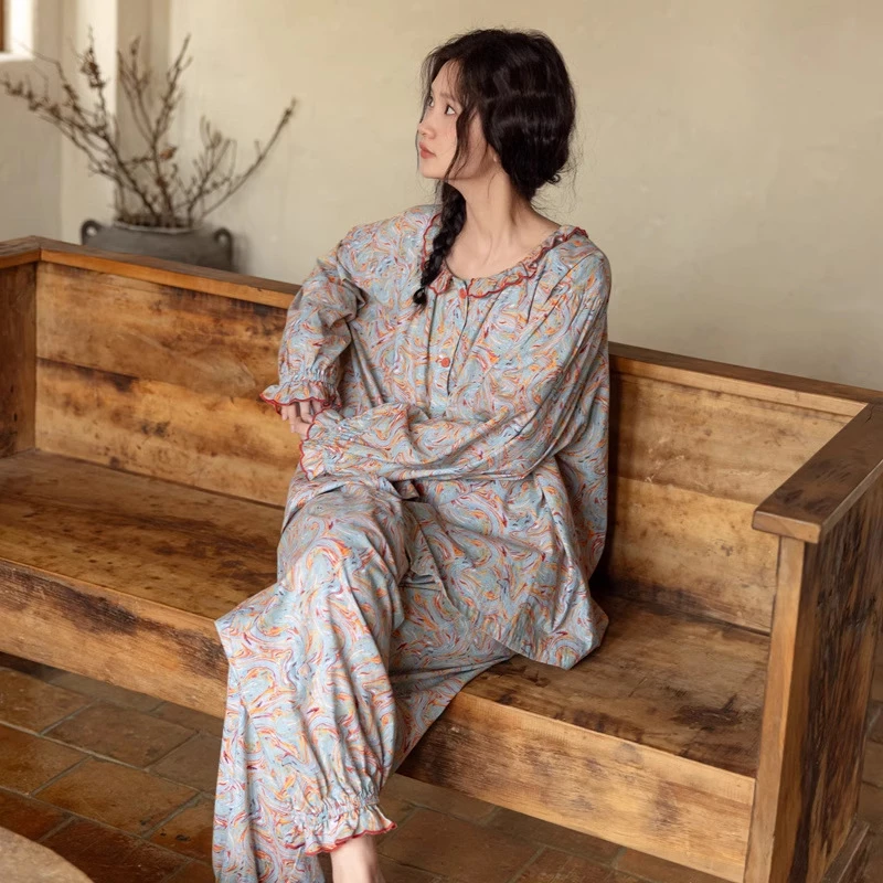 族玛士睡衣女士春秋夏长袖长裤纯棉薄款复古碎花家居服套装