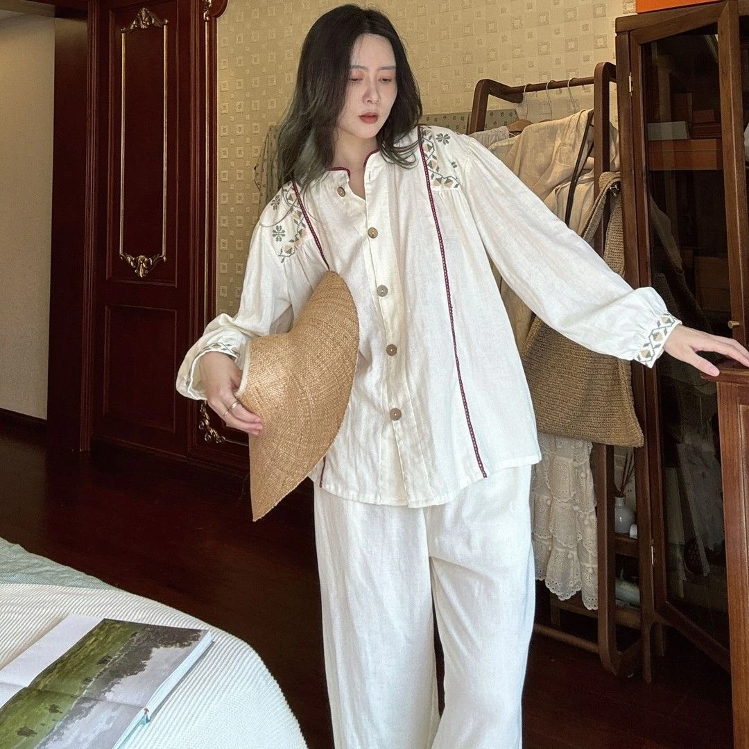 族玛士春秋睡衣女士棉纱法式刺绣套装长袖长裤休闲复古家居服