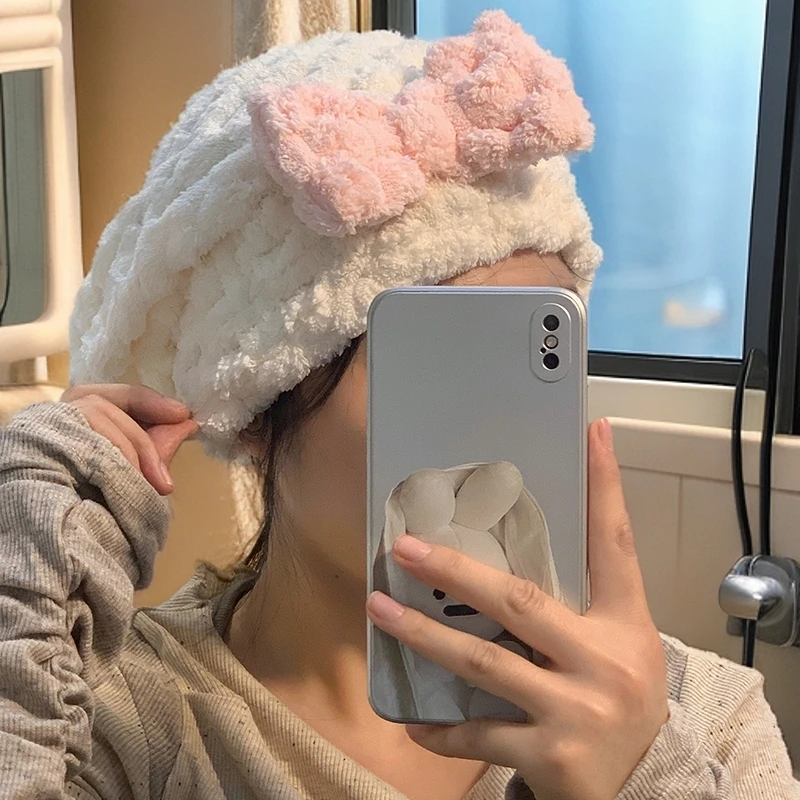 2024新款云朵格干发帽超强吸水速干可爱蝴蝶结加厚套头浴帽包头巾